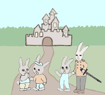 兵隊に連行される子ウサギとおびえるウサギたち