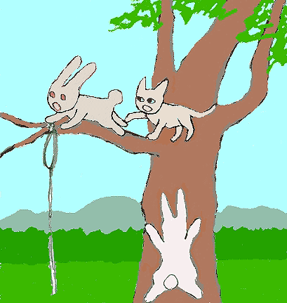 カノジョとハナは首を吊ろうとしているコウサギを懸命に引き止めます