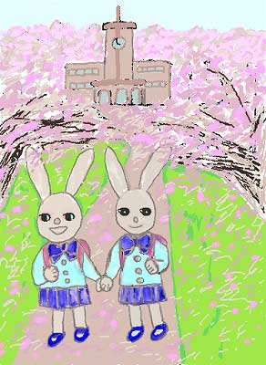 ナオミとハナは満開の桜のトンネルをくぐって、校門に向かいました